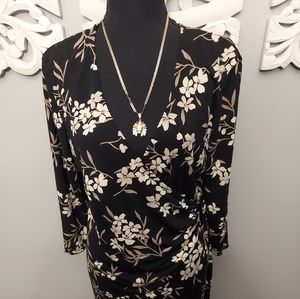 🦔 NY & CO | Floral Neutral Brown Black Belted V-Neck Wrap Dress | Size XL